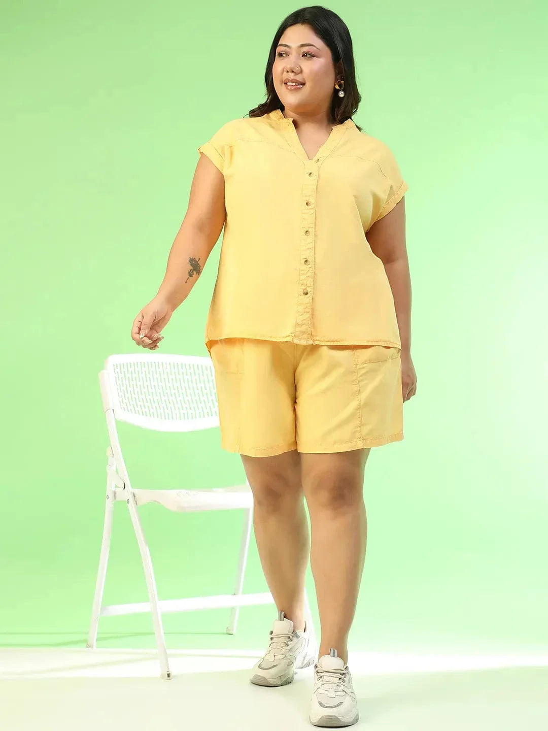 Plus Size Co-Ord Set - Women's Yellow Cotton Denim Shorts & Hip Length Top