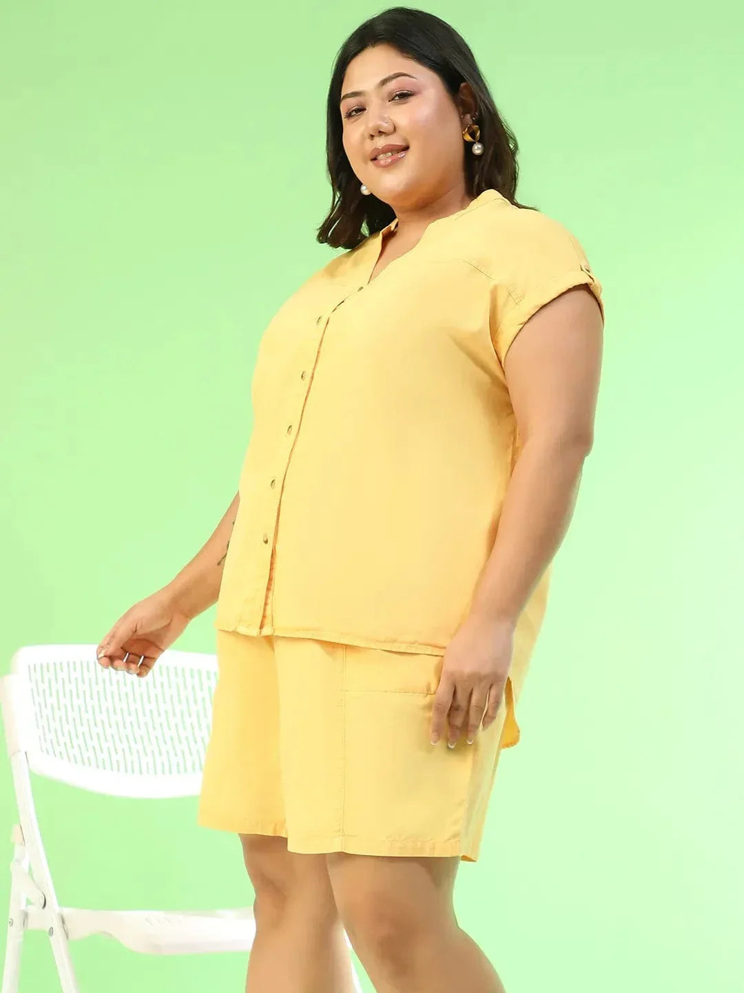 Plus Size Co-Ord Set - Women's Yellow Cotton Denim Shorts & Hip Length Top