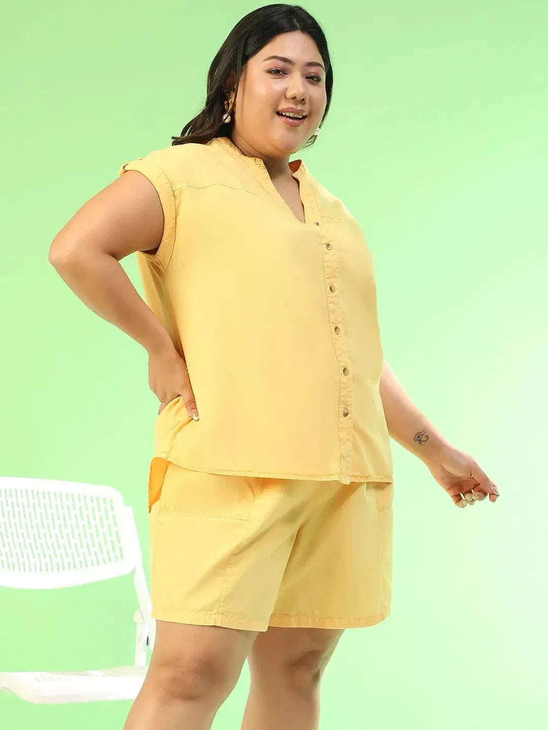 Plus Size Co-Ord Set – Women's Yellow Cotton Denim Shorts & Hip Length Top