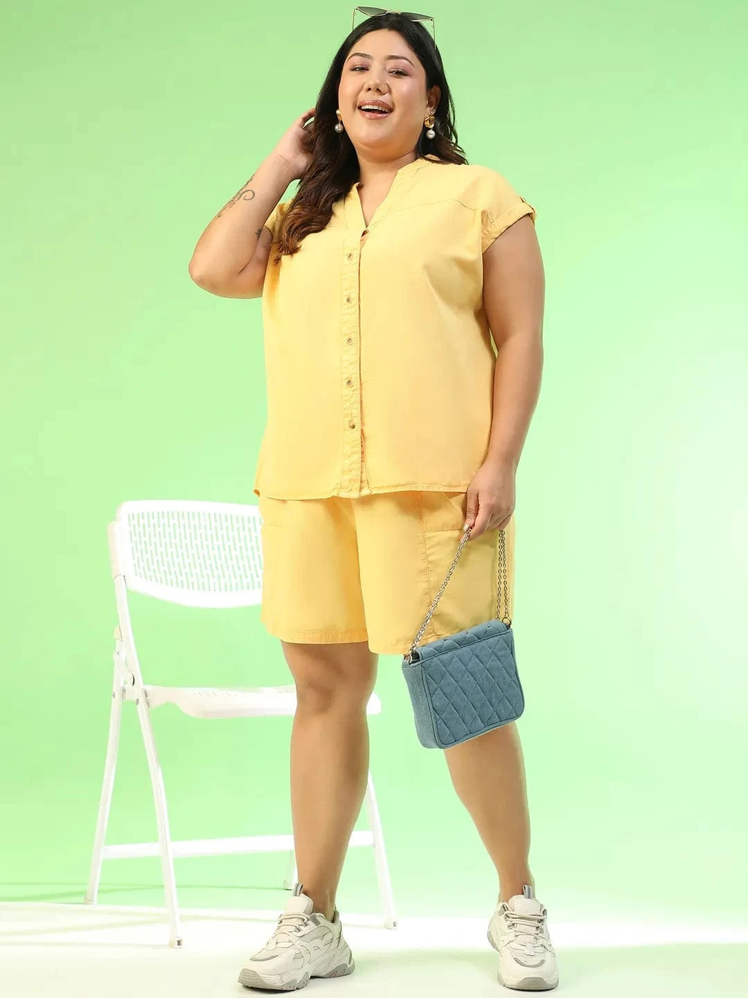 Blazing Yellow Top & Shorts Plus Size Women Colored Denim Over-Washed Cotton Co-Ord Set