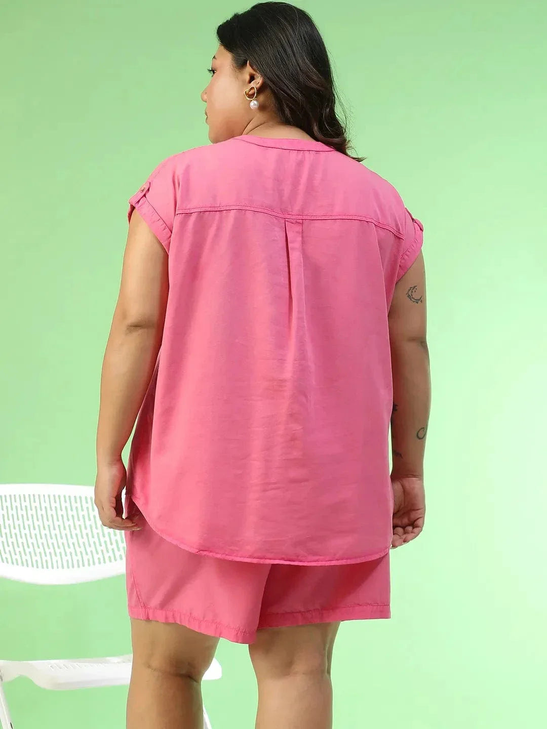 Plus Size Co-Ord Set - Pink Cotton Denim Shorts & Relaxed Fit V Neck Top