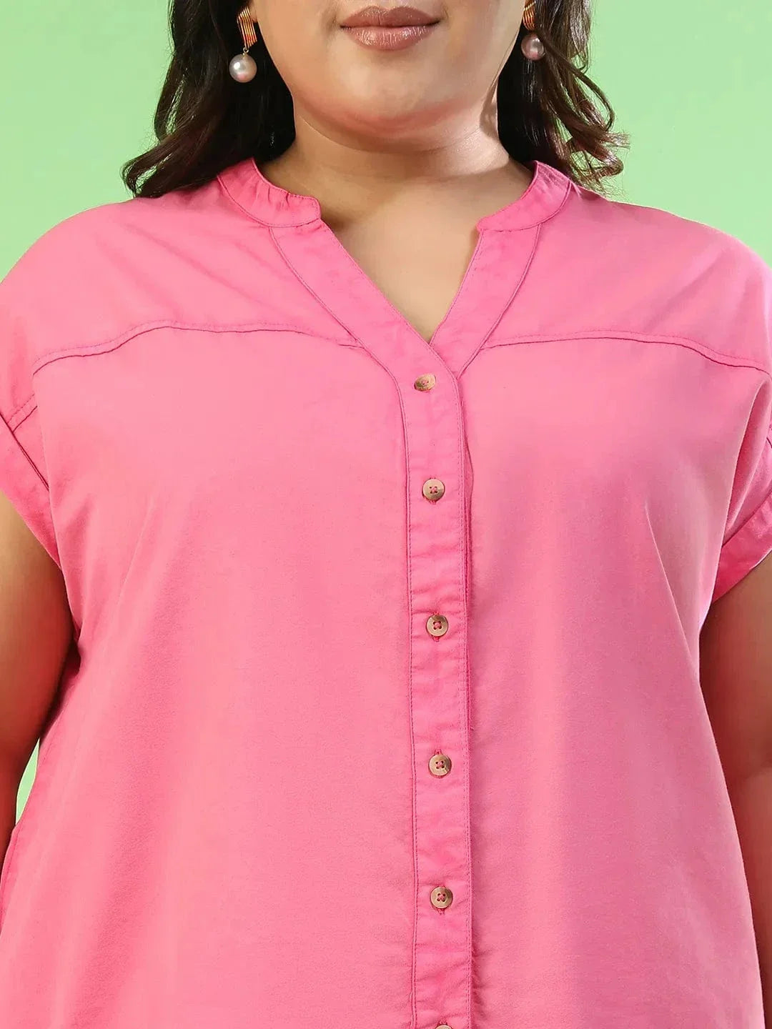 Plus Size Co-Ord Set - Pink Cotton Denim Shorts & Relaxed Fit V Neck Top