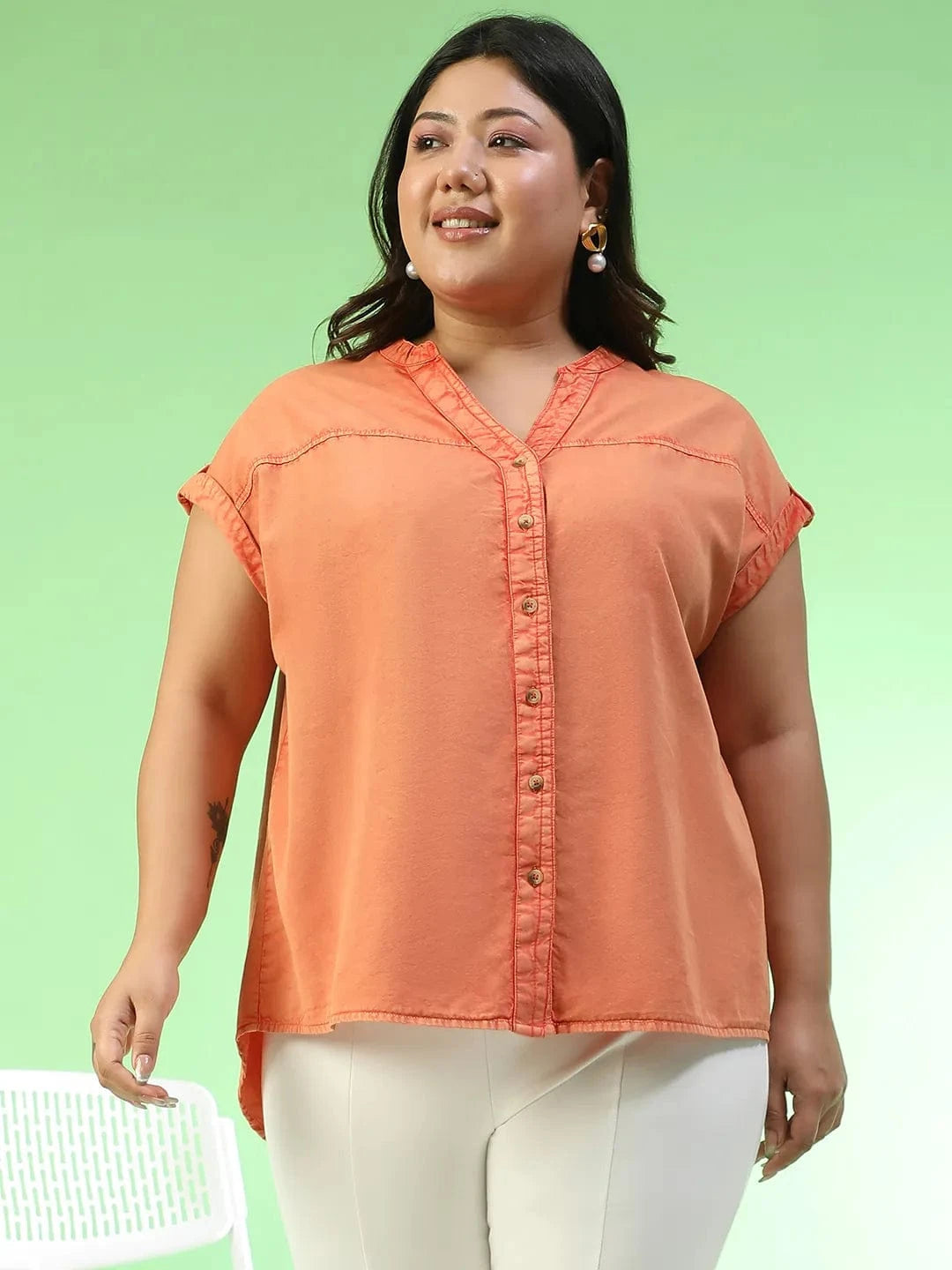 Forward orange Short Sleeve Button Down Plus Size Women Cotton Top