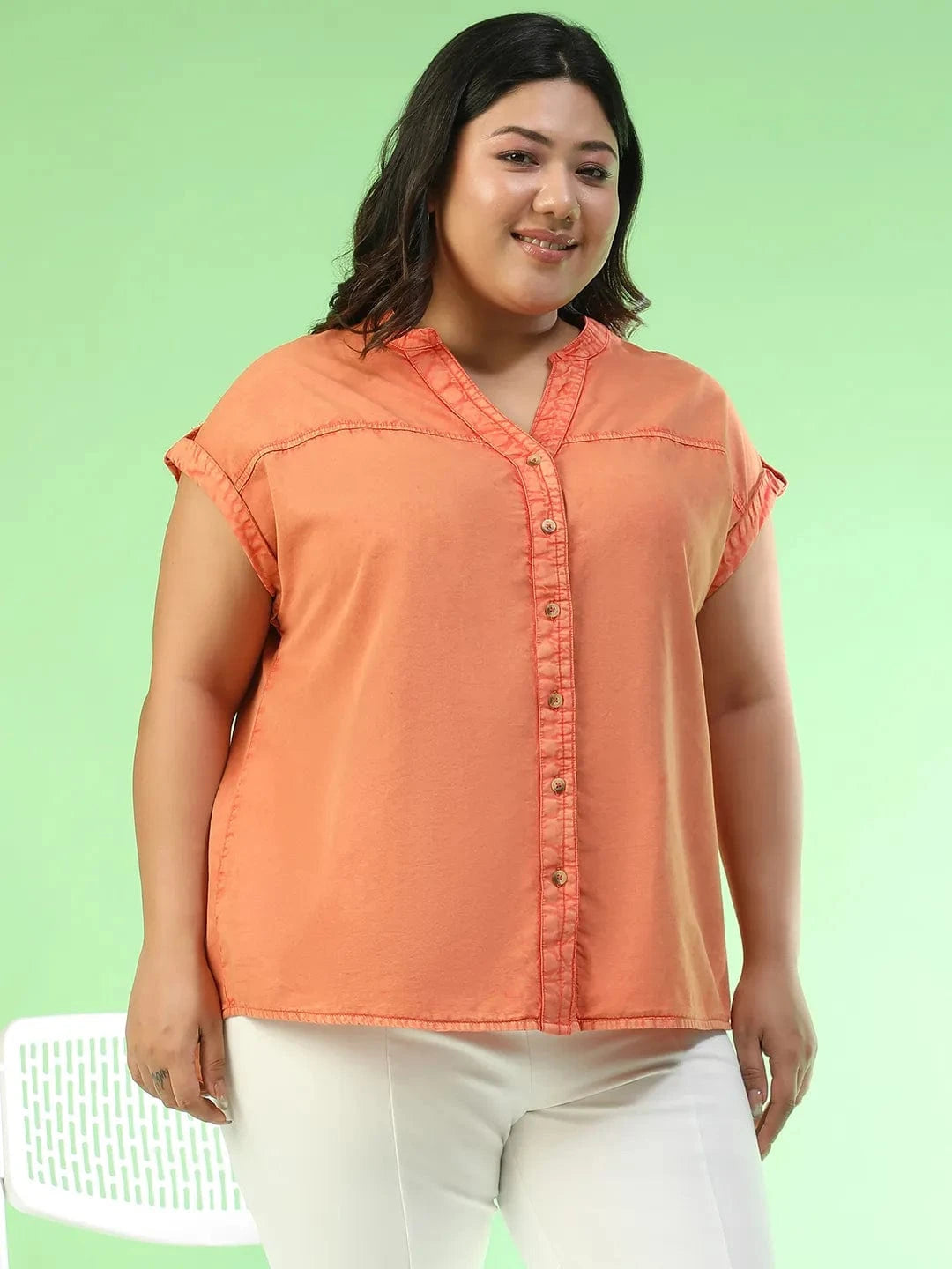 Forward orange Short Sleeve Button Down Plus Size Women Cotton Top
