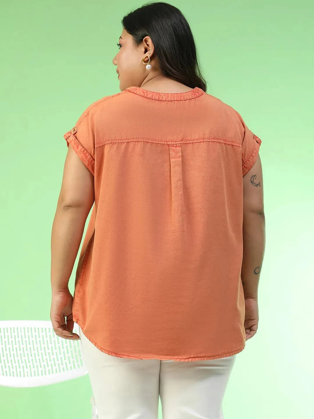 Forward orange Short Sleeve Button Down Plus Size Women Cotton Top