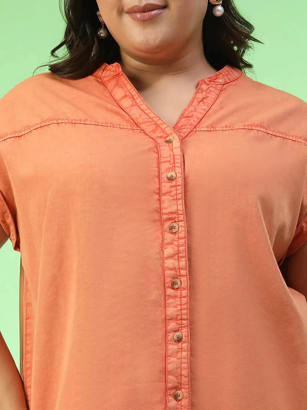 Forward orange Short Sleeve Button Down Plus Size Women Cotton Top