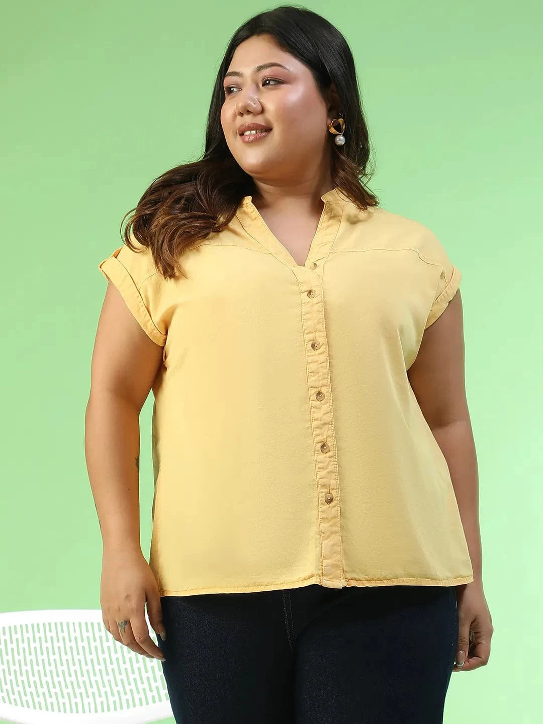 New-Wave Yellow Short Sleeve Button Down Plus Size Women Cotton Top