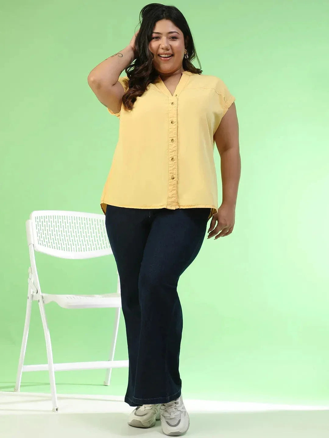 New-Wave Yellow Short Sleeve Button Down Plus Size Women Cotton Top