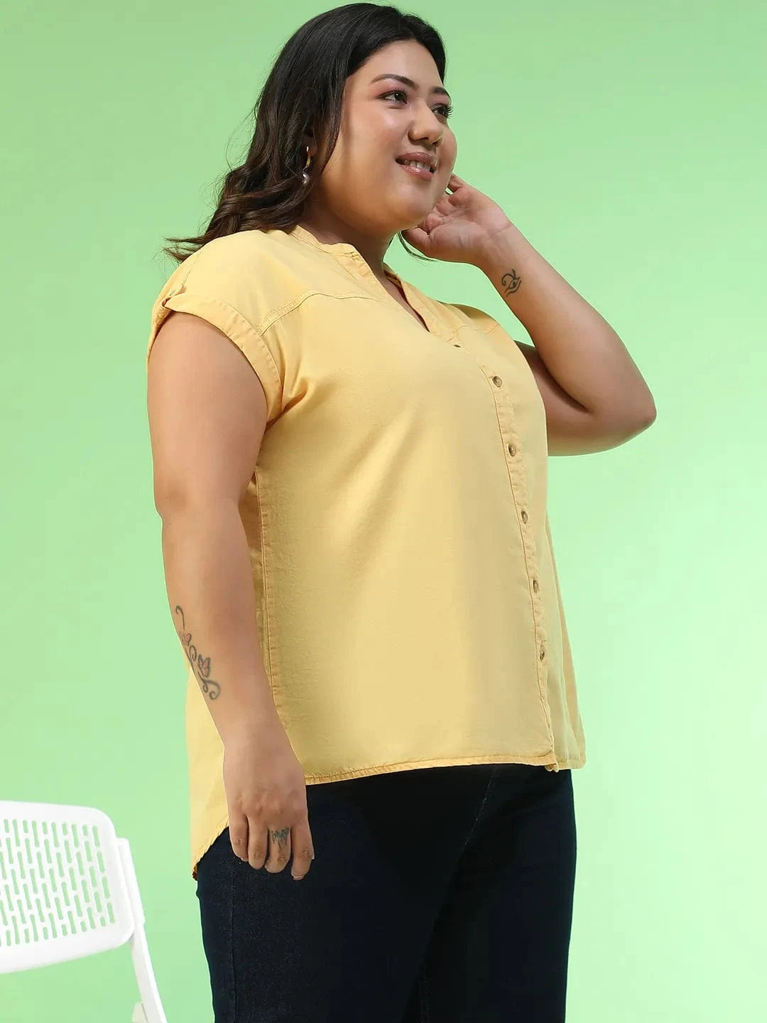 New-Wave Yellow Short Sleeve Button Down Plus Size Women Cotton Top