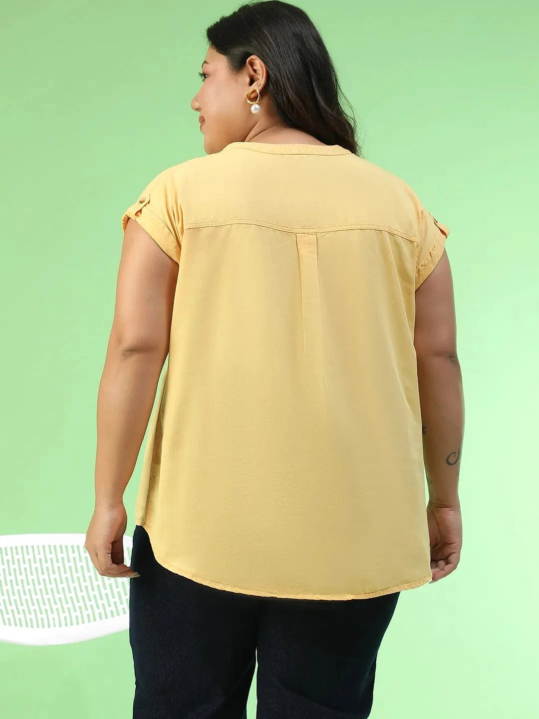 New-Wave Yellow Short Sleeve Button Down Plus Size Women Cotton Top
