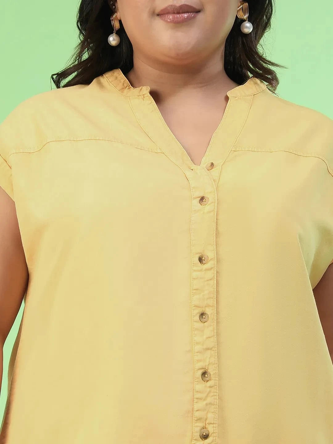 New-Wave Yellow Short Sleeve Button Down Plus Size Women Cotton Top