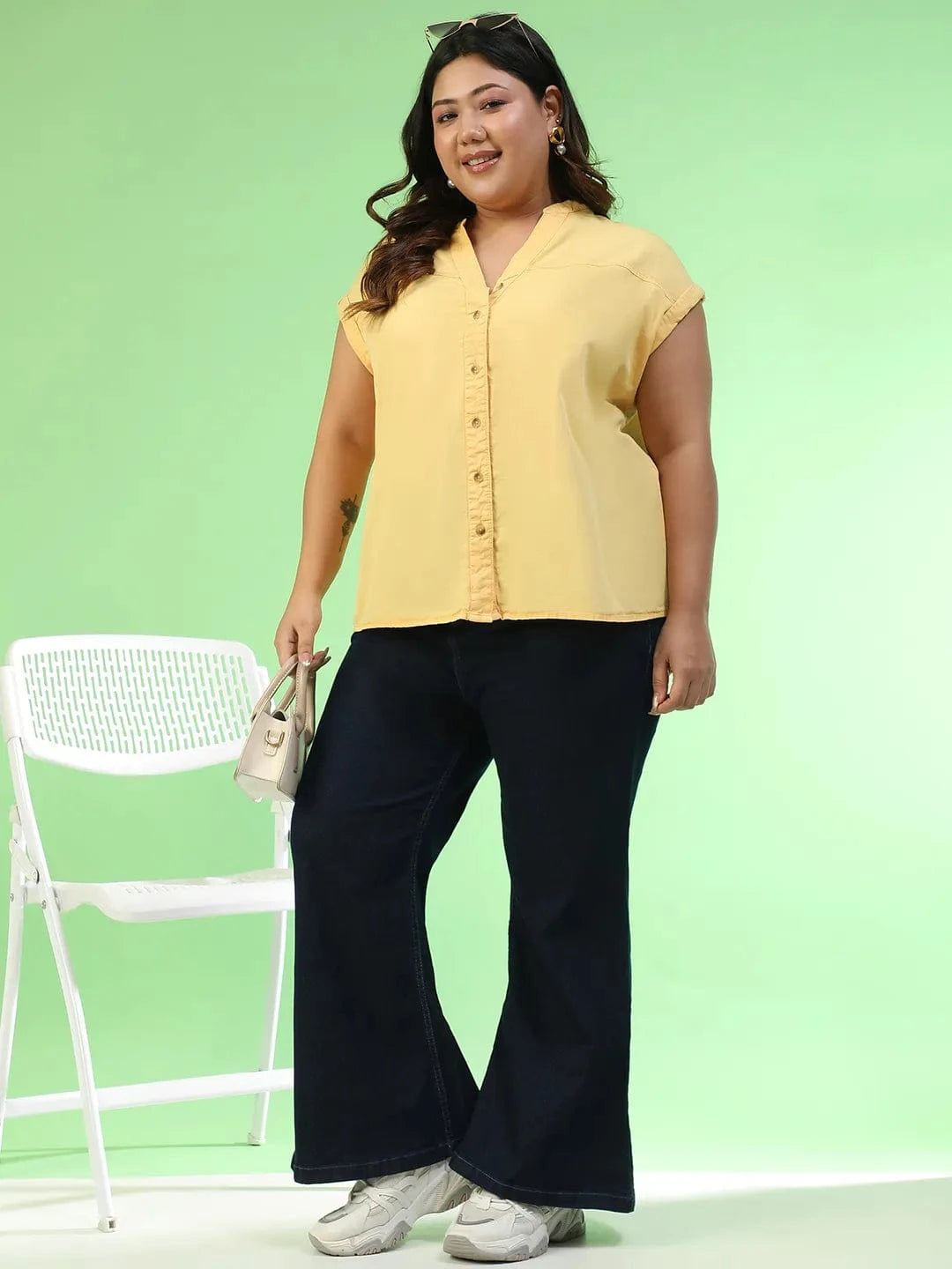 New-Wave Yellow Short Sleeve Button Down Plus Size Women Cotton Top