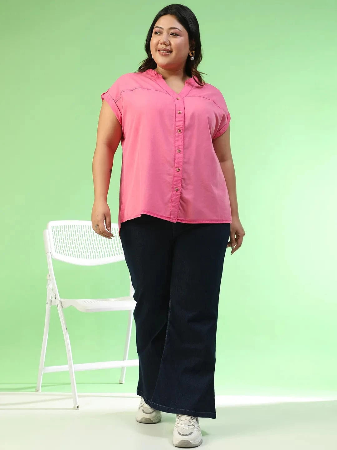 Spellbound Pink Short Sleeve Button Down Plus Size Women Cotton Top
