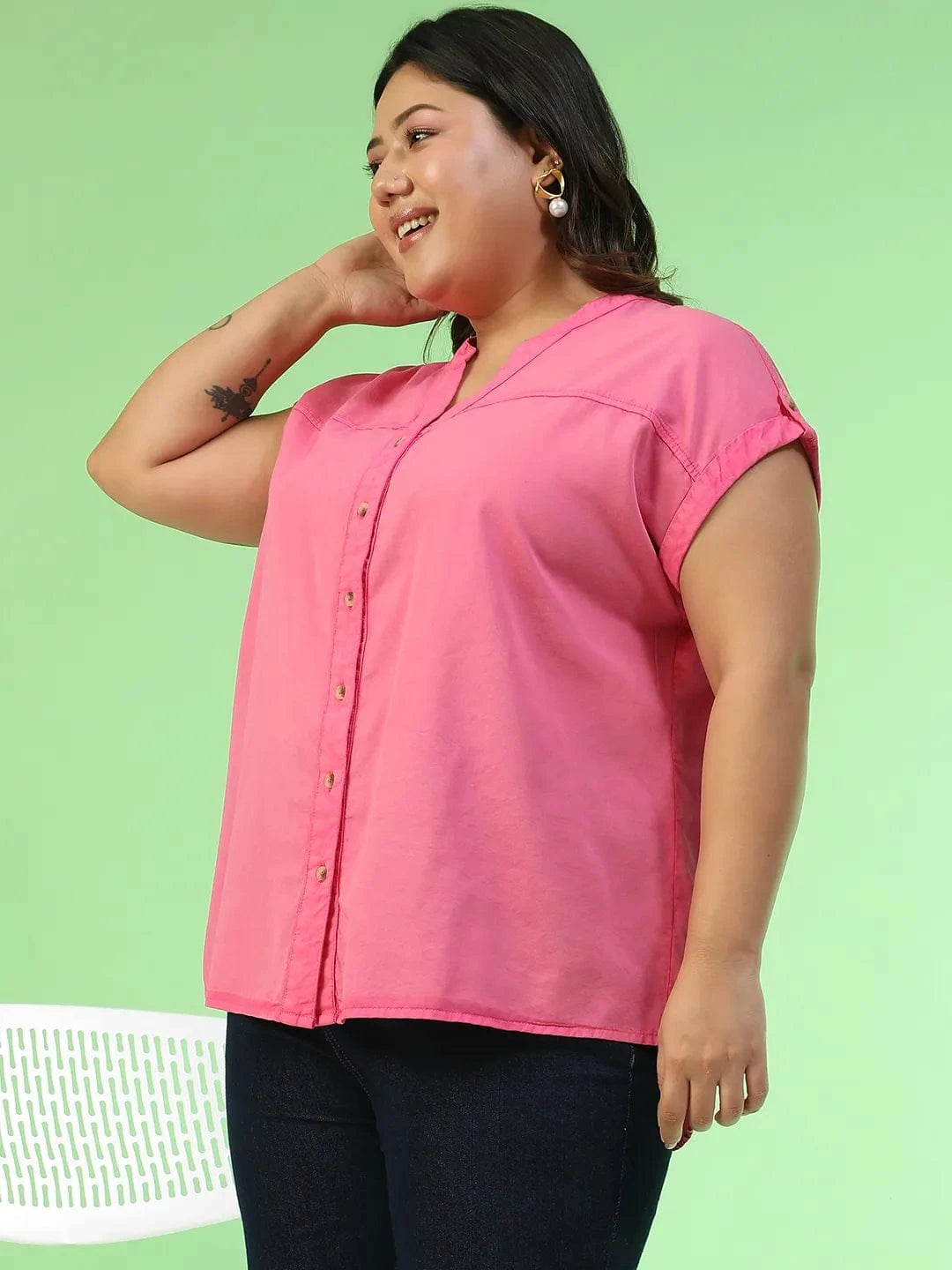 Spellbound Pink Short Sleeve Button Down Plus Size Women Cotton Top