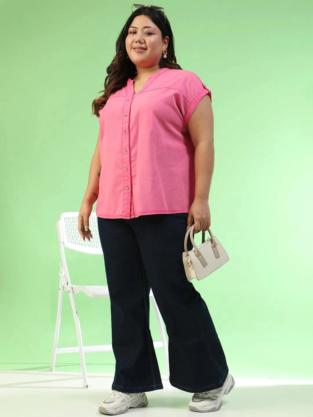 Spellbound Pink Short Sleeve Button Down Plus Size Women Cotton Top