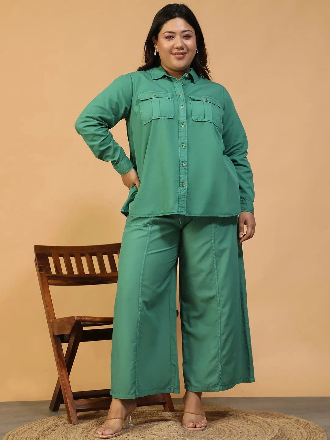 Season Green Shirt & Pant Plus Size Women Colored Denim Over-Washed Cotton Co-Ord Set