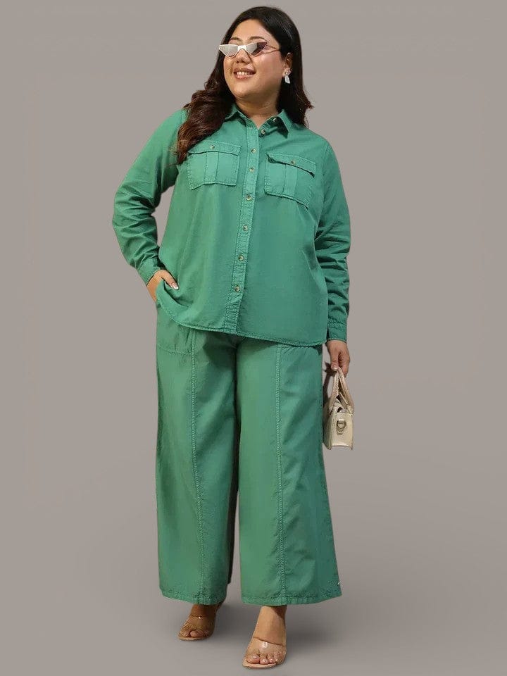 Plus Size Co-Ord Set - Green Shirt And Pant Colored Denim Over-Washed Cotton