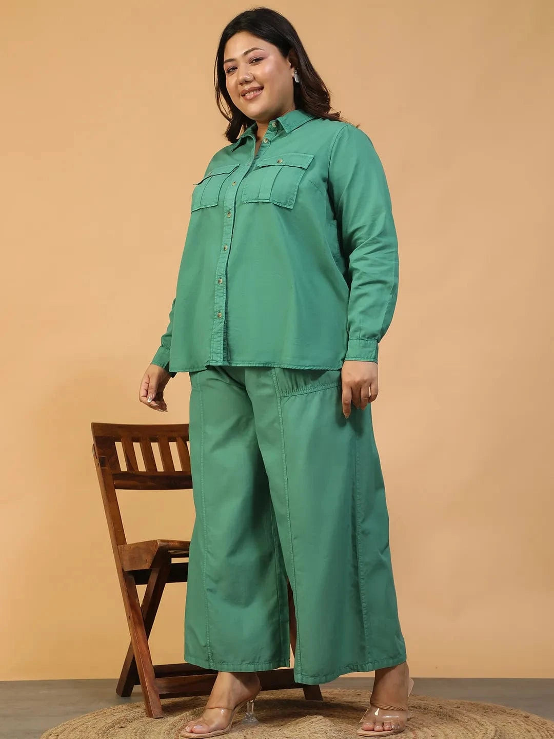 Season Green Shirt & Pant Plus Size Women Colored Denim Over-Washed Cotton Co-Ord Set