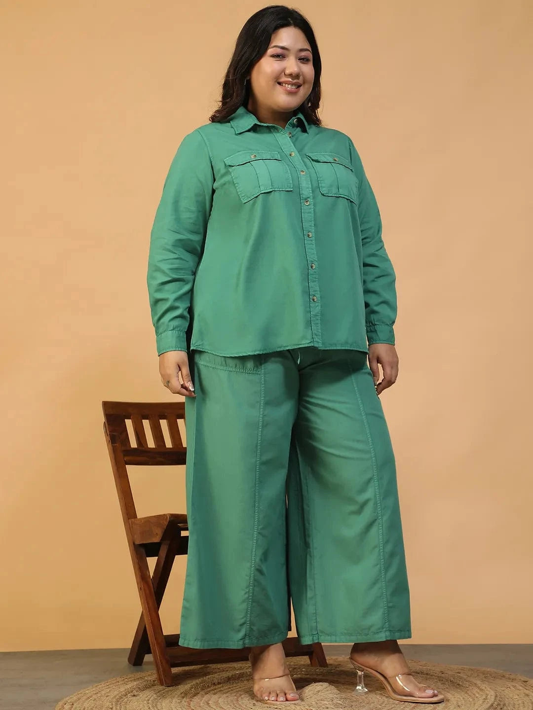 Season Green Shirt & Pant Plus Size Women Colored Denim Over-Washed Cotton Co-Ord Set