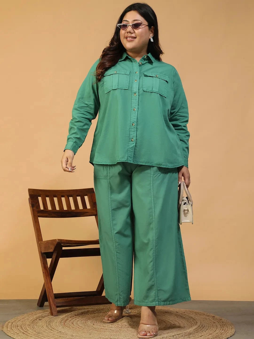 Season Green Shirt & Pant Plus Size Women Colored Denim Over-Washed Cotton Co-Ord Set