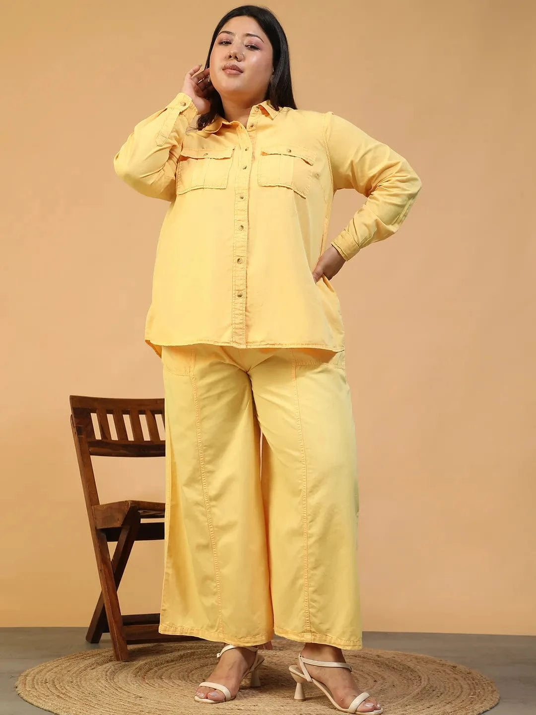 Bazzle Yellow Shirt & Pant Plus Size Women Colored Denim Over-Washed Cotton Co-Ord Set