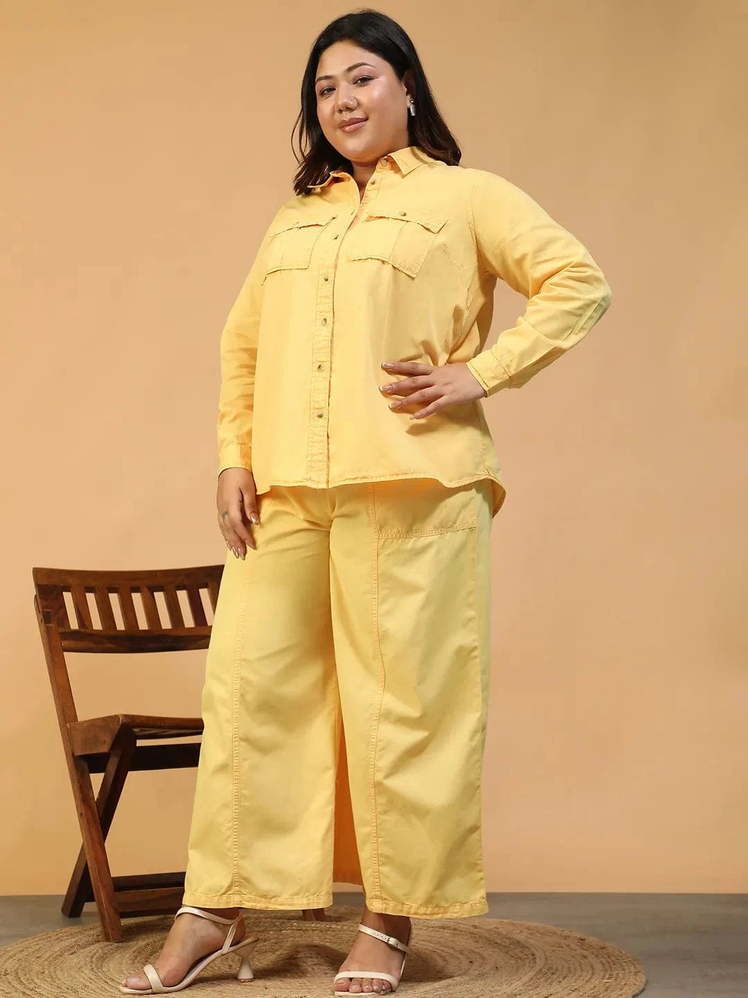 Bazzle Yellow Shirt & Pant Plus Size Women Colored Denim Over-Washed Cotton Co-Ord Set