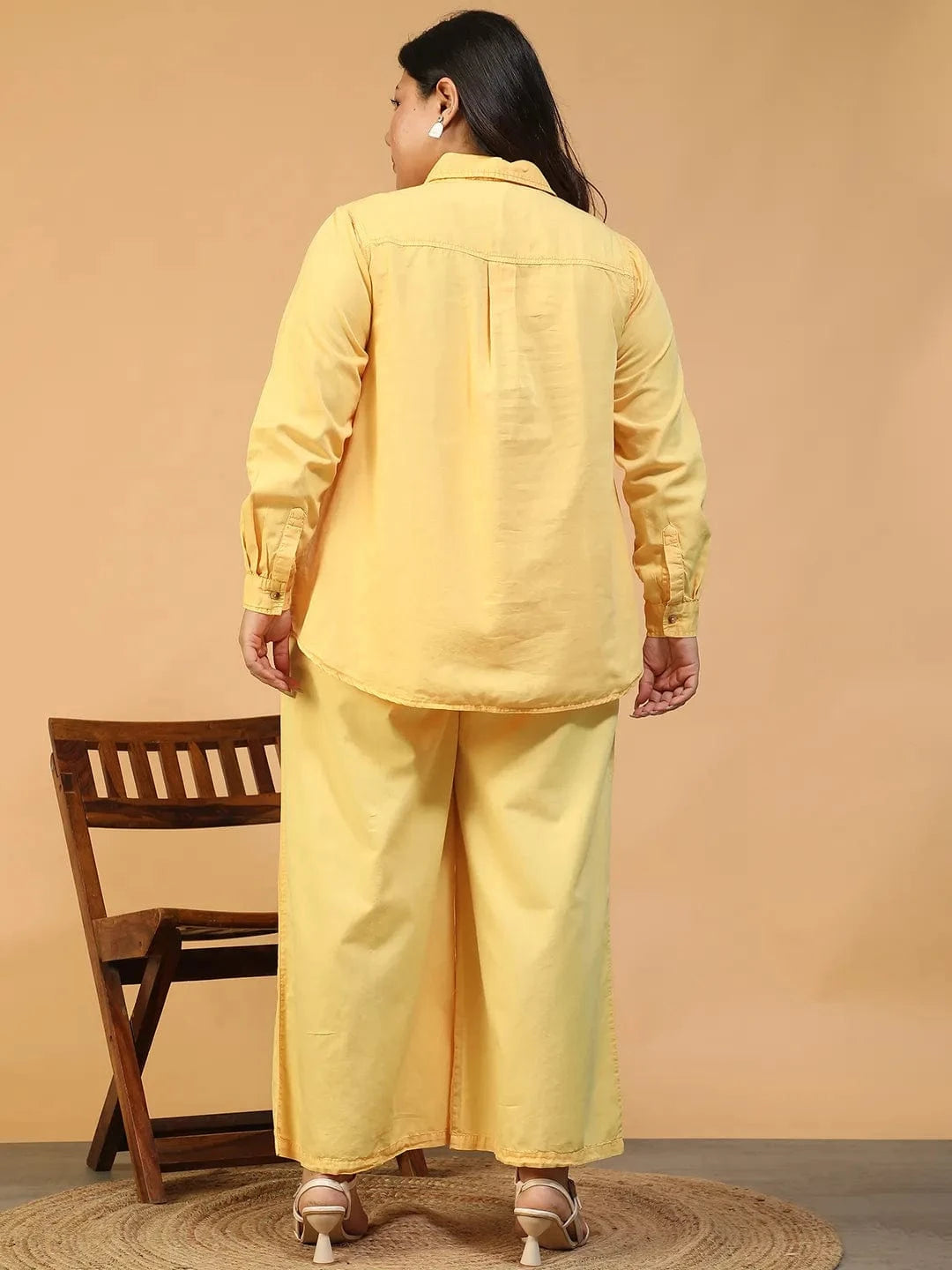 Bazzle Yellow Shirt & Pant Plus Size Women Colored Denim Over-Washed Cotton Co-Ord Set