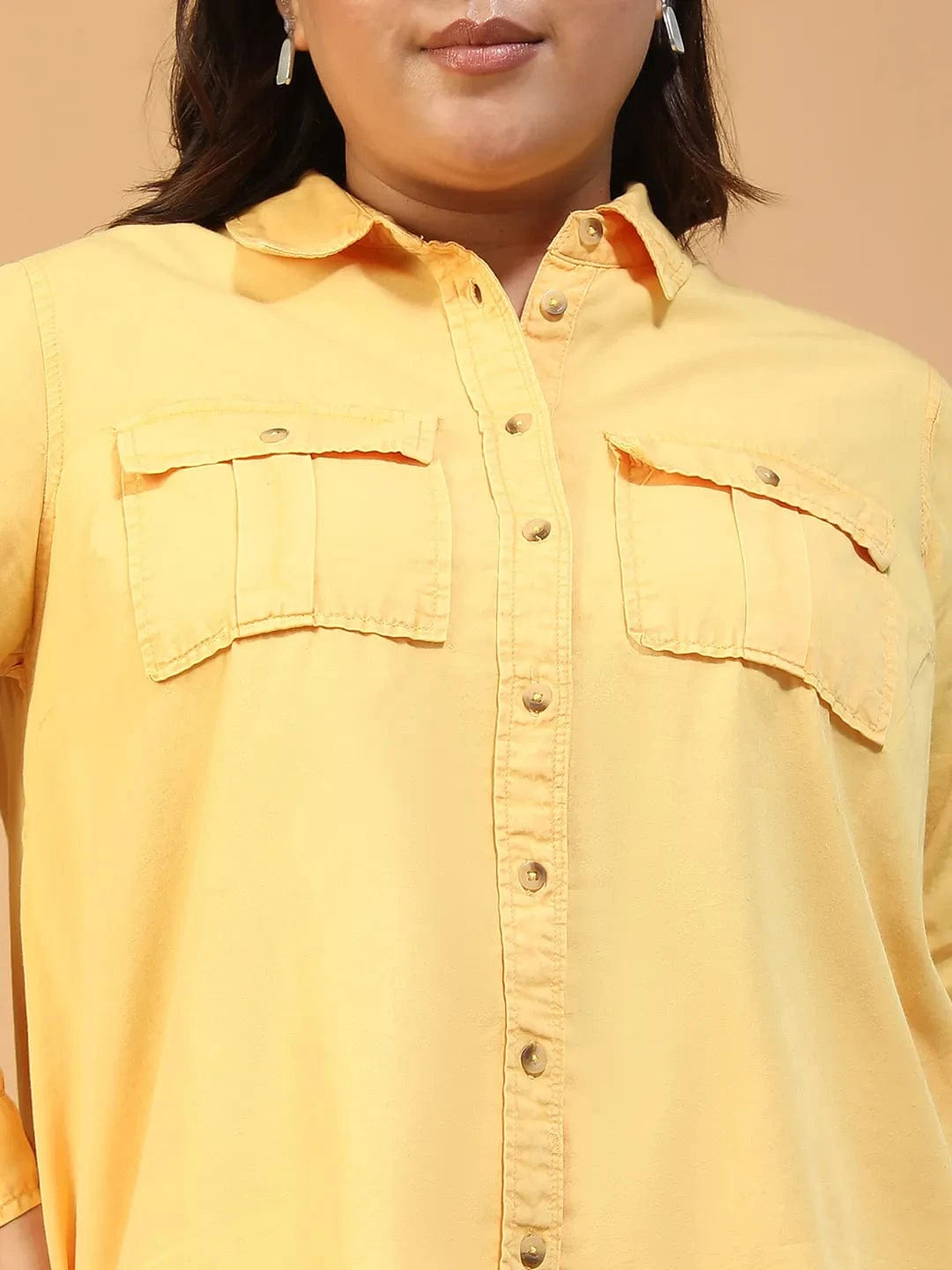 Bazzle Yellow Shirt & Pant Plus Size Women Colored Denim Over-Washed Cotton Co-Ord Set
