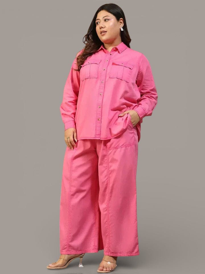 Plus Size Co-Ord Set - Pink Denim Cotton Twill Shirt & Flared Pants for Women
