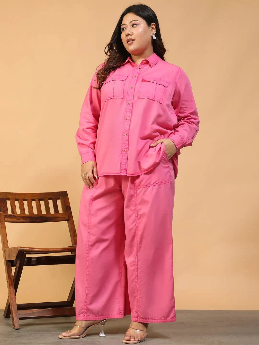 Vogue Pink Shirt & Pant Plus Size Women Colored Denim Over-Washed Cotton Co-Ord Set
