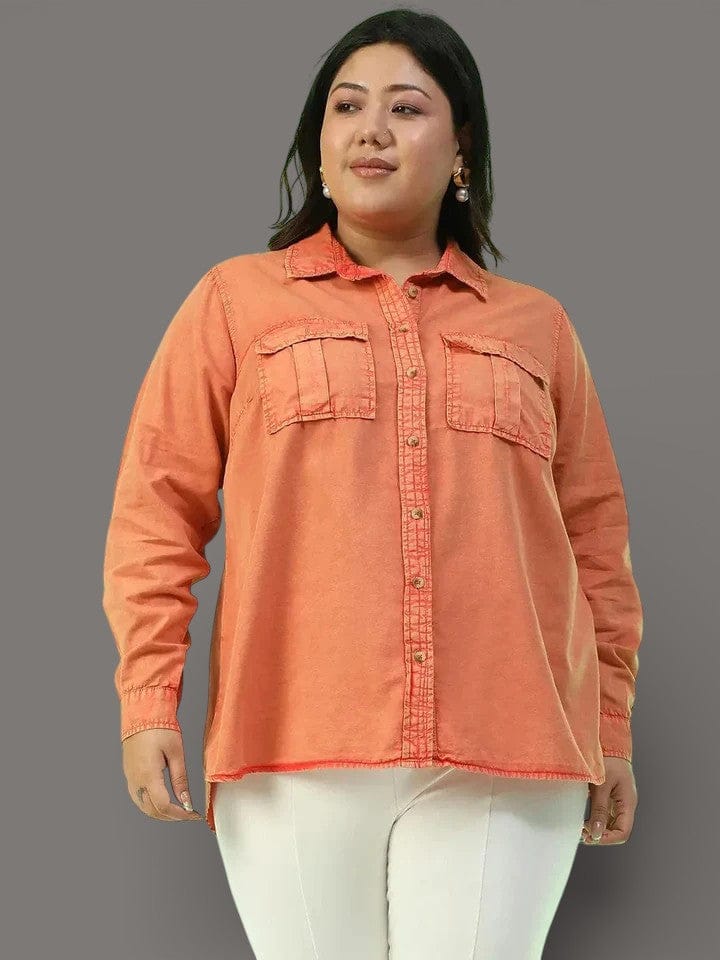 Amazed Orange Collared Long Sleeve Button Down Plus Size Women Cotton Shirt