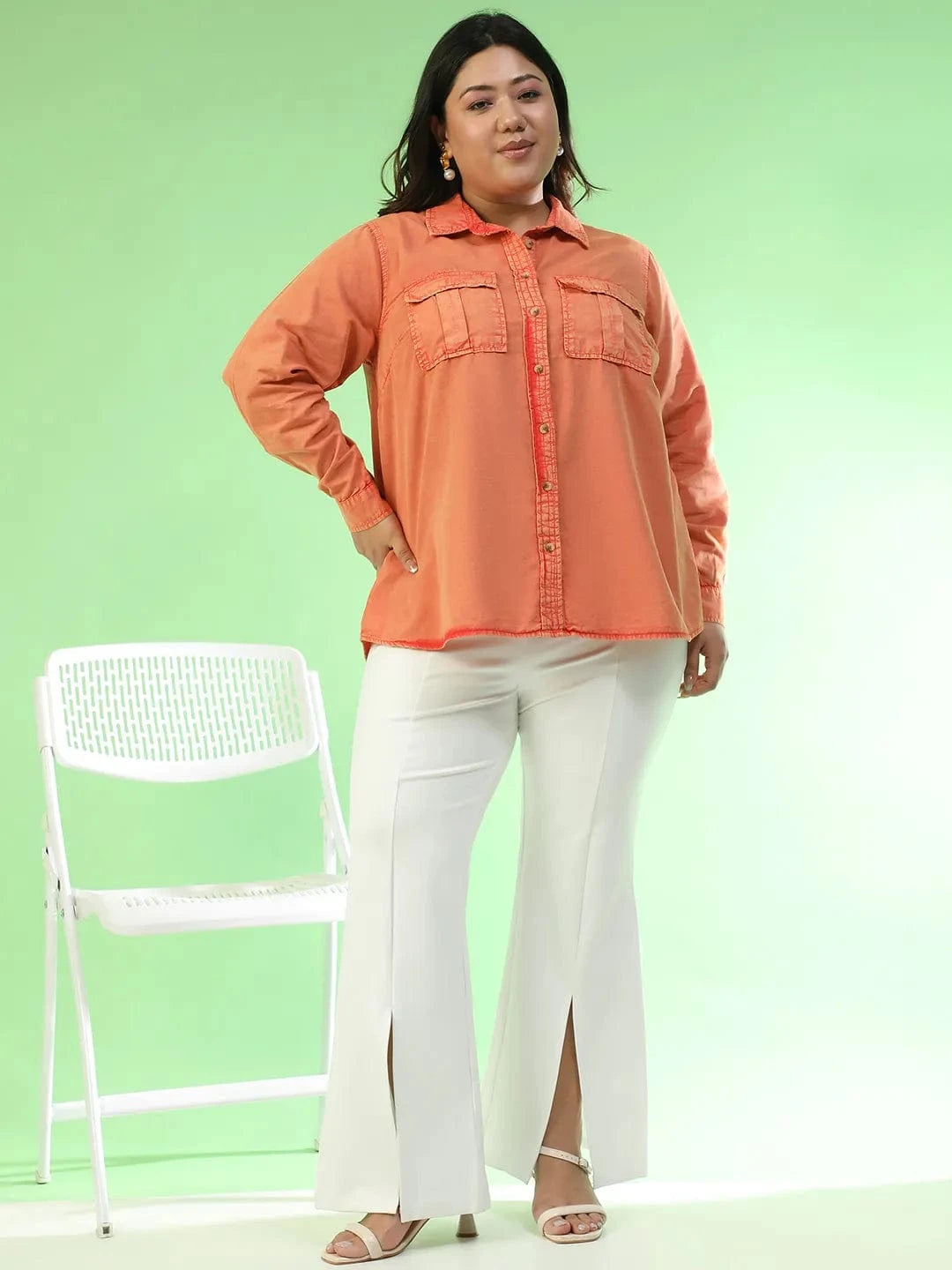 Amazed Orange Collared Long Sleeve Button Down Plus Size Women Cotton Shirt