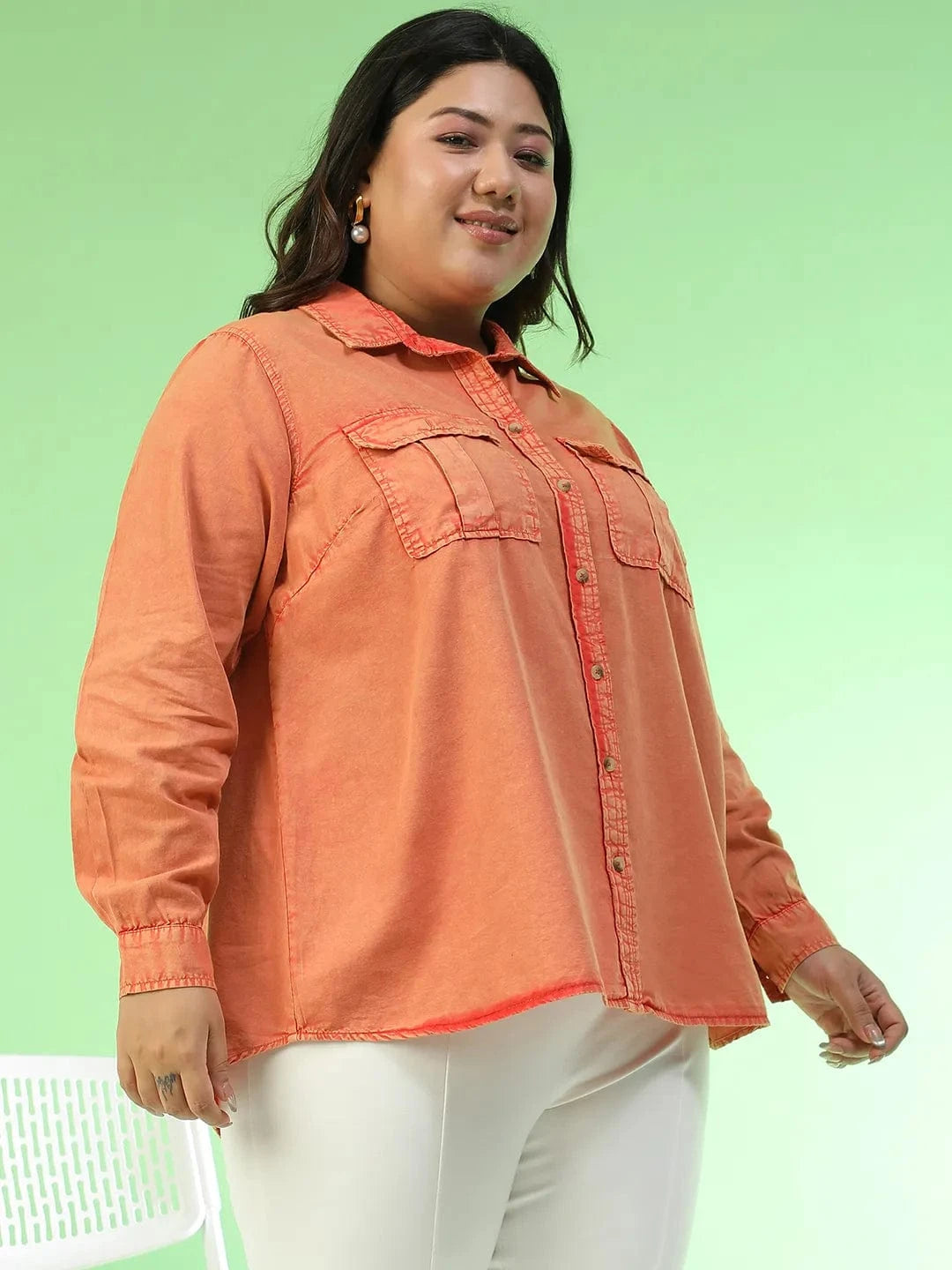 Amazed Orange Collared Long Sleeve Button Down Plus Size Women Cotton Shirt