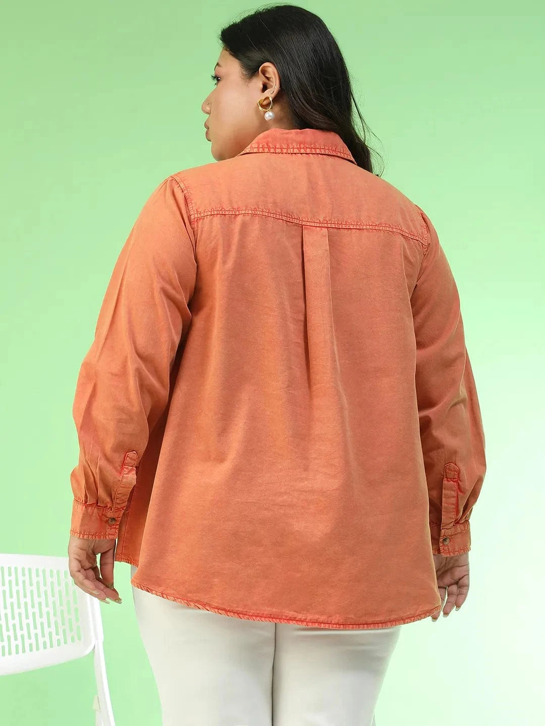 Amazed Orange Collared Long Sleeve Button Down Plus Size Women Cotton Shirt