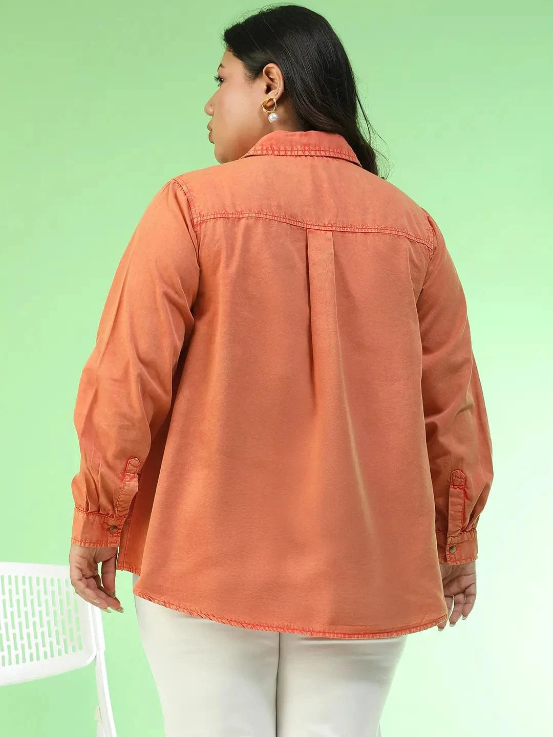 Amazed Orange Collared Long Sleeve Button Down Plus Size Women Cotton Shirt
