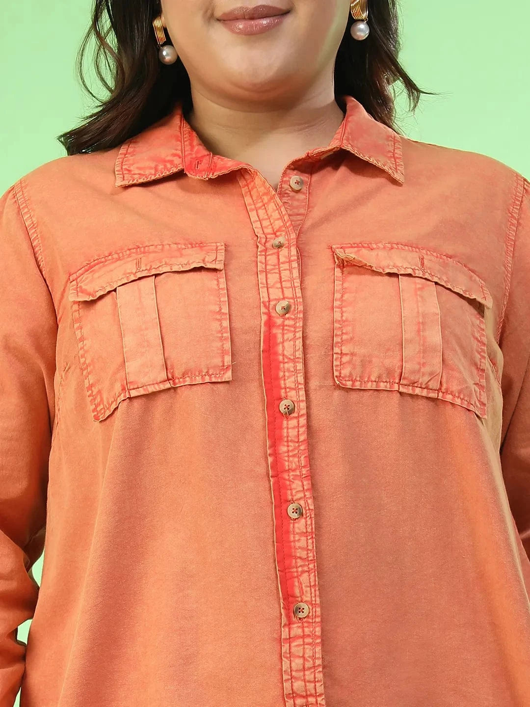 Amazed Orange Collared Long Sleeve Button Down Plus Size Women Cotton Shirt