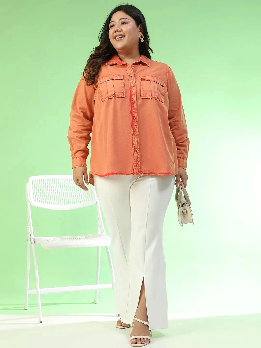 Amazed Orange Collared Long Sleeve Button Down Plus Size Women Cotton Shirt