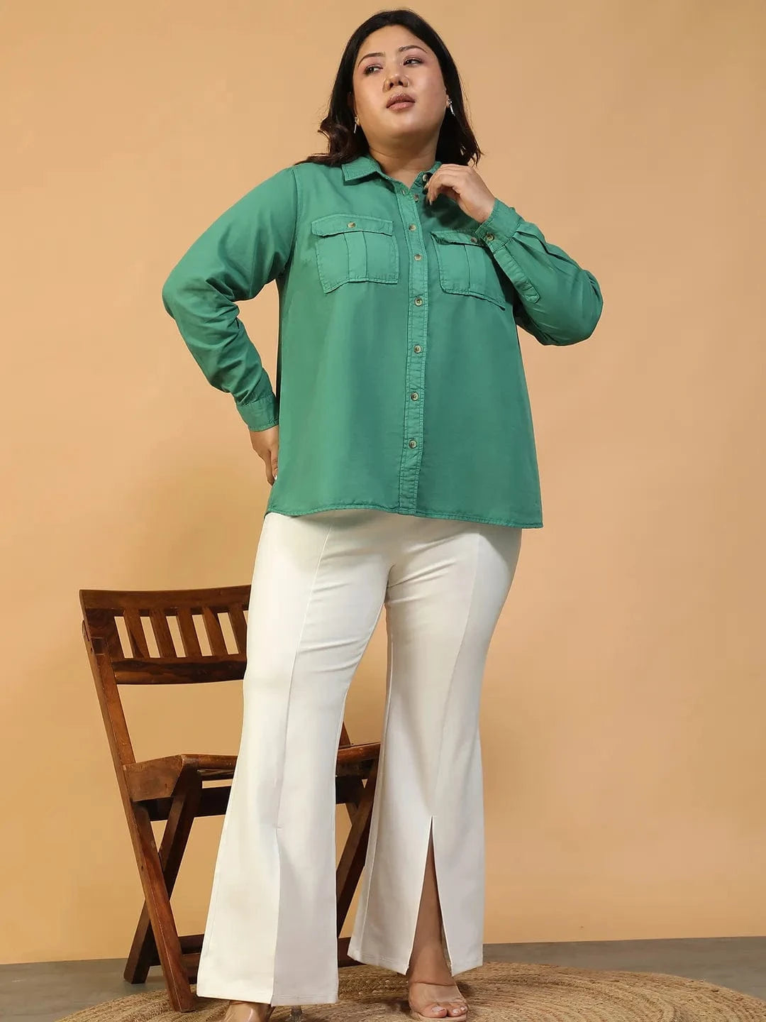 Spellbound Green Collared Long Sleeve Button Down Plus Size Women Cotton Shirt