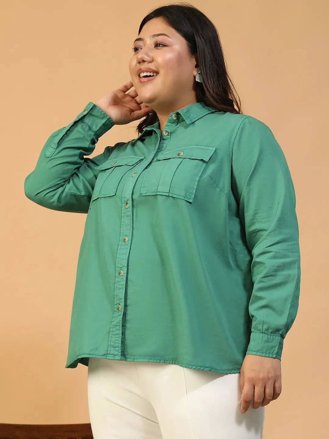 Spellbound Green Collared Long Sleeve Button Down Plus Size Women Cotton Shirt