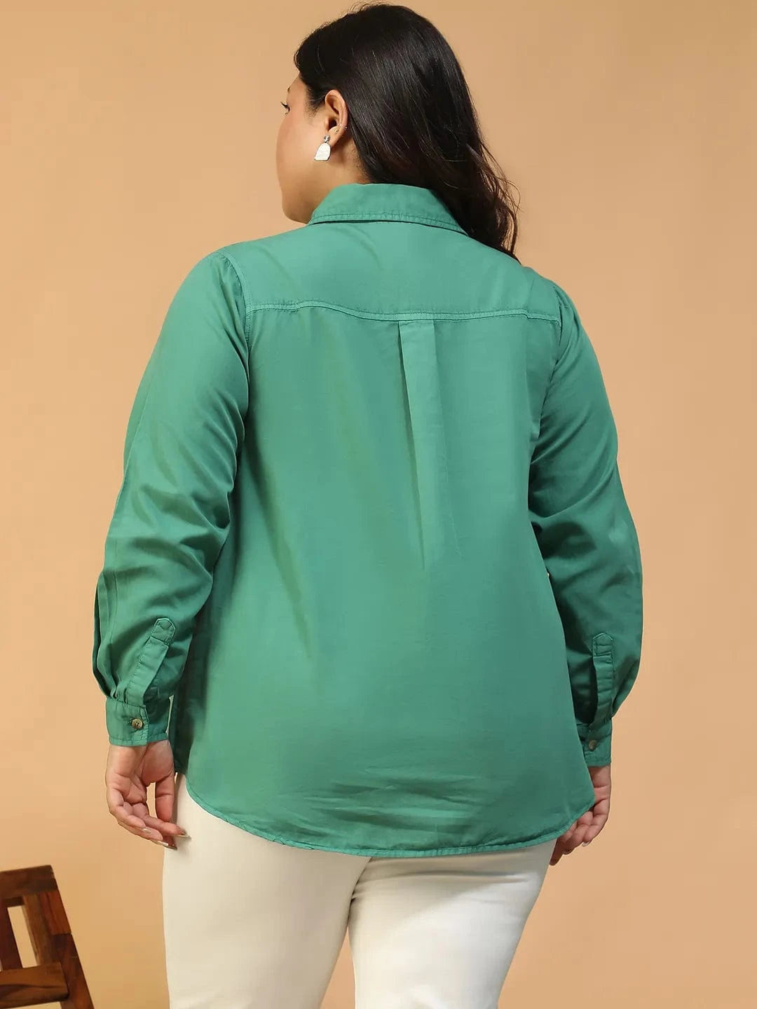 Spellbound Green Collared Long Sleeve Button Down Plus Size Women Cotton Shirt