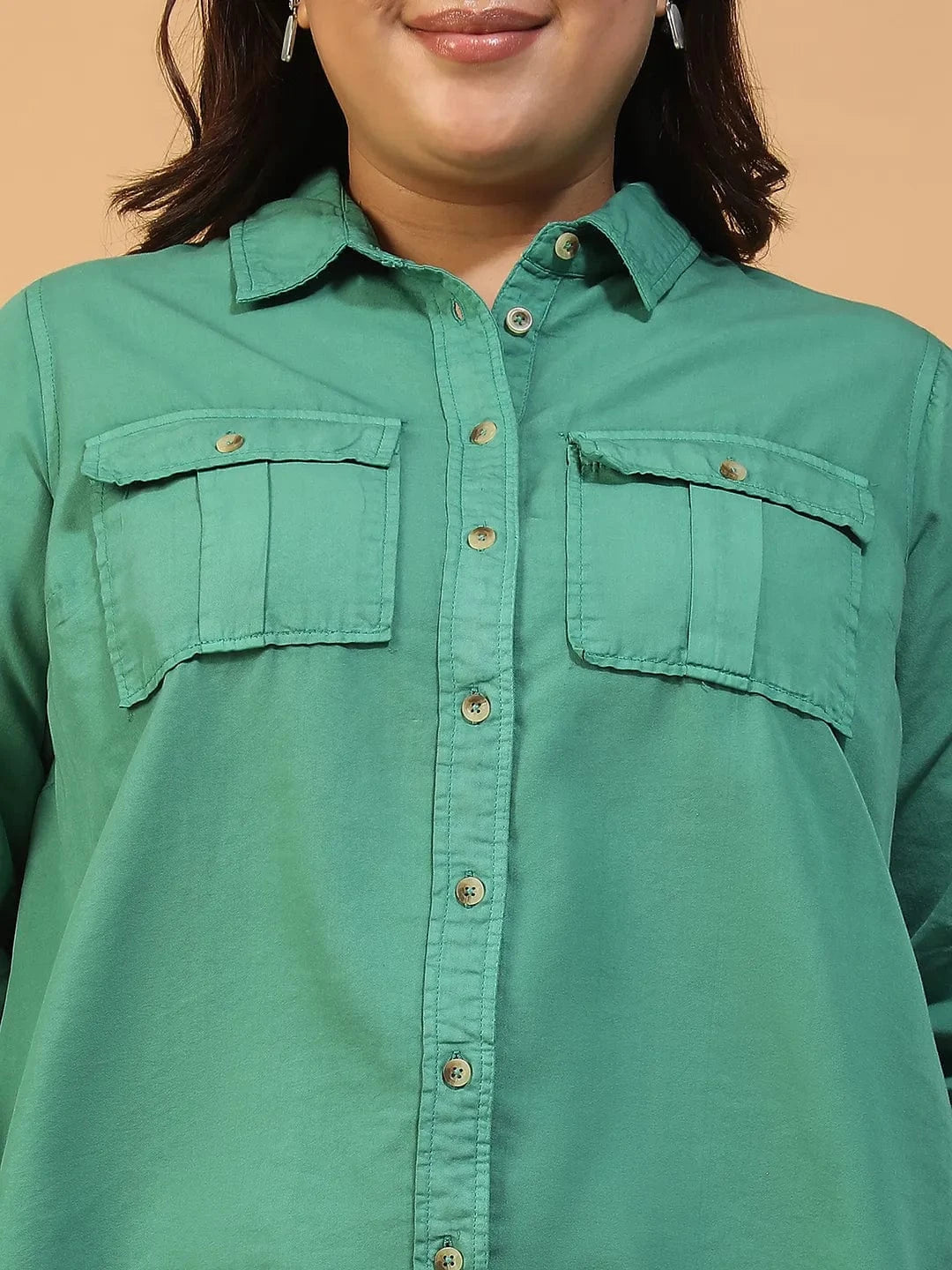 Spellbound Green Collared Long Sleeve Button Down Plus Size Women Cotton Shirt