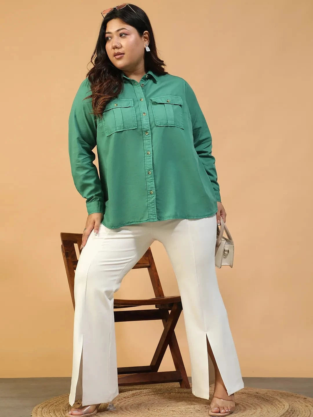 Spellbound Green Collared Long Sleeve Button Down Plus Size Women Cotton Shirt