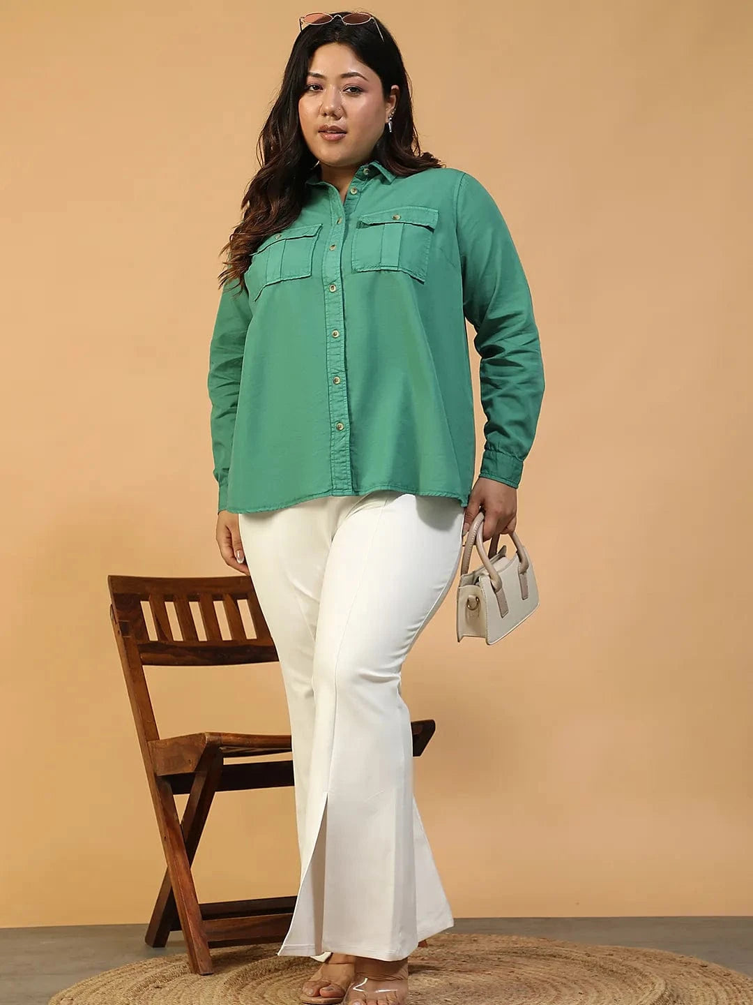 Spellbound Green Collared Long Sleeve Button Down Plus Size Women Cotton Shirt