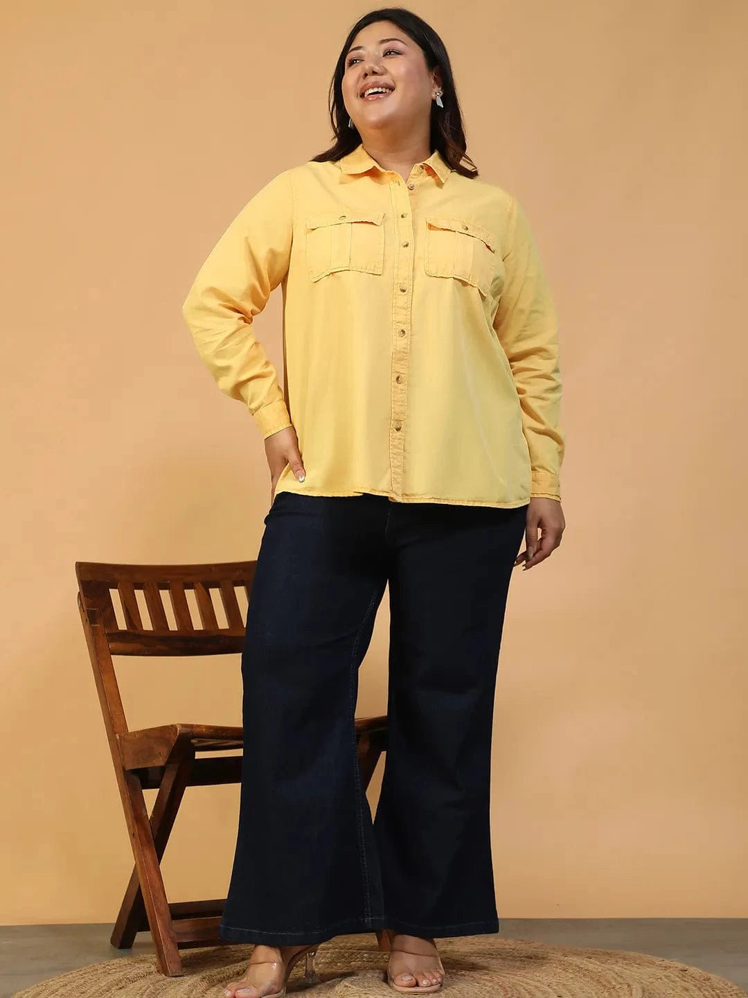 Enchanted Yellow Collared Long Sleeve Button Down Plus Size Women Cotton Shirt