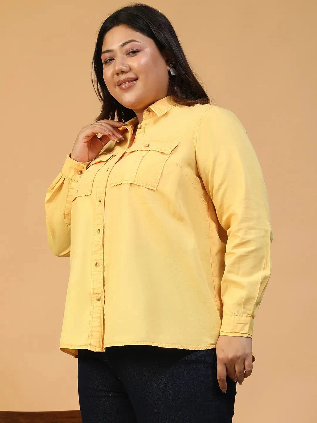 Enchanted Yellow Collared Long Sleeve Button Down Plus Size Women Cotton Shirt