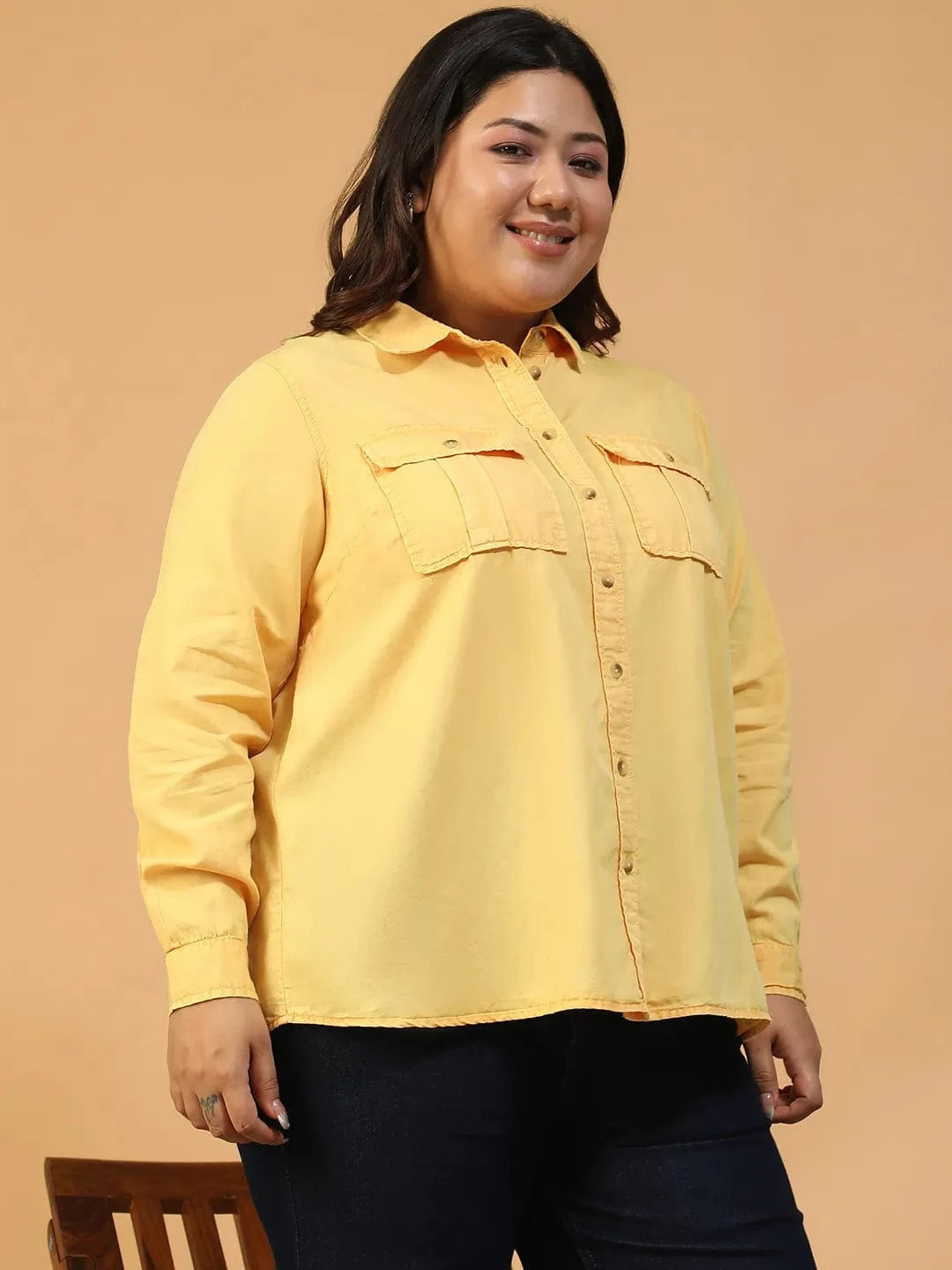 Enchanted Yellow Collared Long Sleeve Button Down Plus Size Women Cotton Shirt