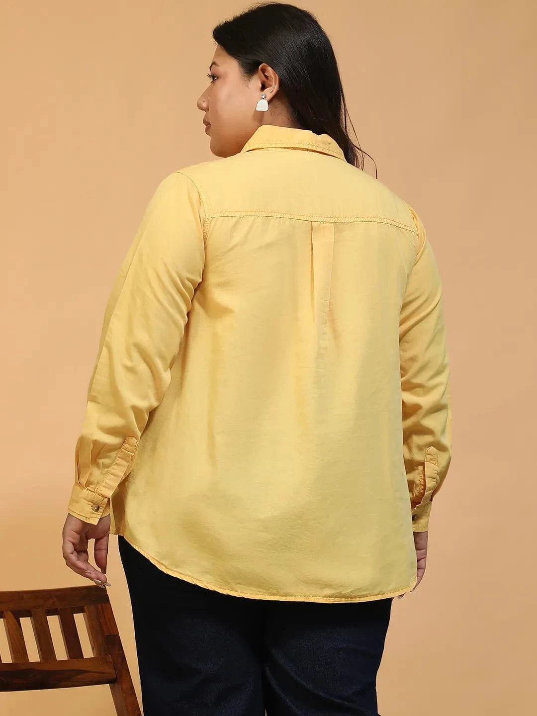 Enchanted Yellow Collared Long Sleeve Button Down Plus Size Women Cotton Shirt