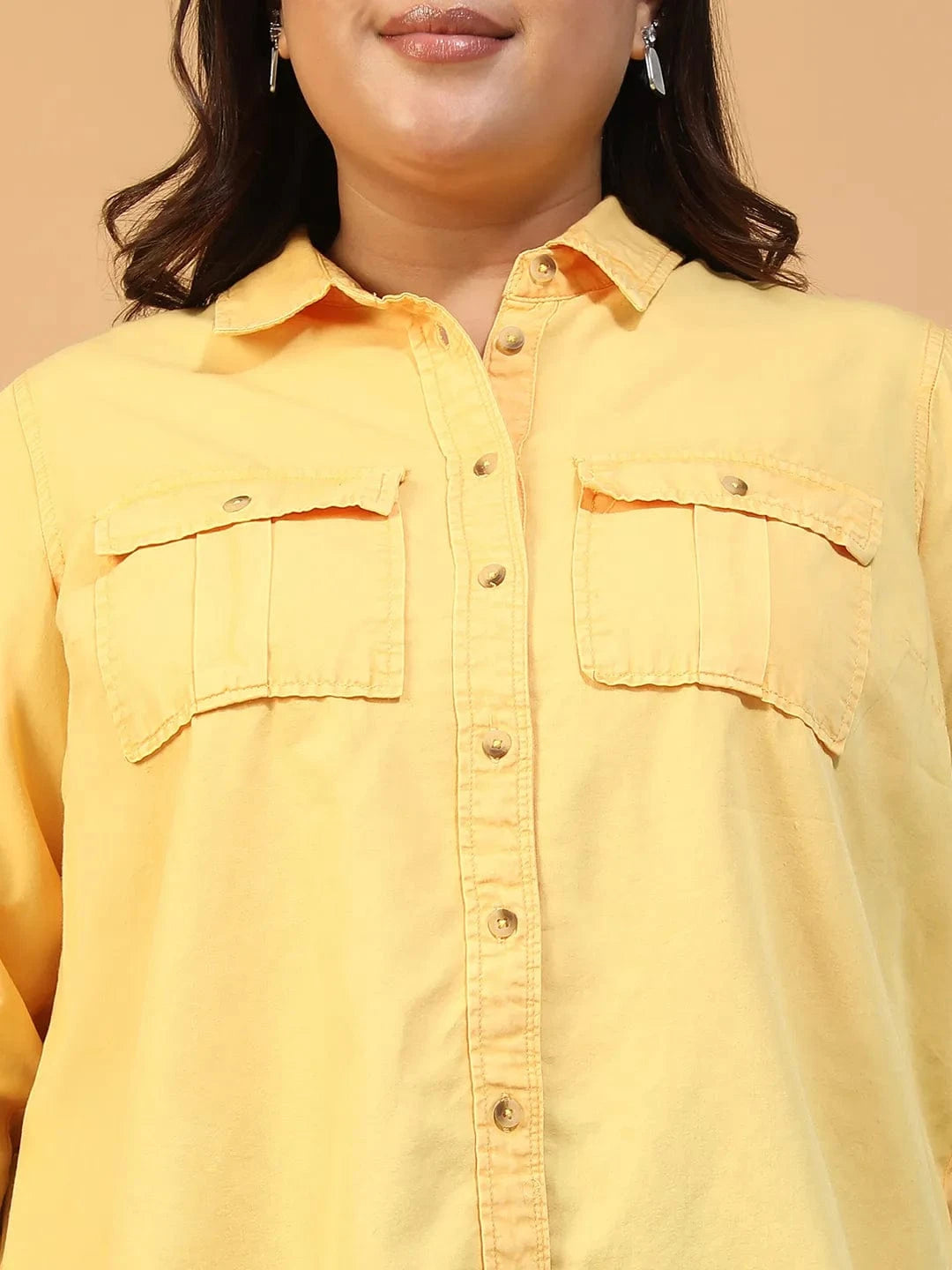 Enchanted Yellow Collared Long Sleeve Button Down Plus Size Women Cotton Shirt