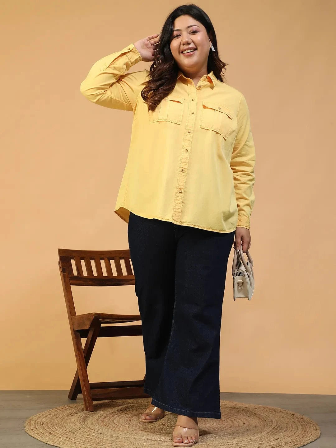 Enchanted Yellow Collared Long Sleeve Button Down Plus Size Women Cotton Shirt