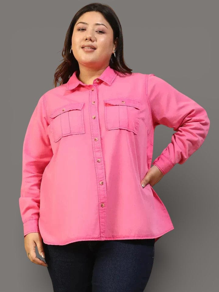 Wonder Pink Yellow Collared Long Sleeve Button Down Plus Size Women Cotton Shirt